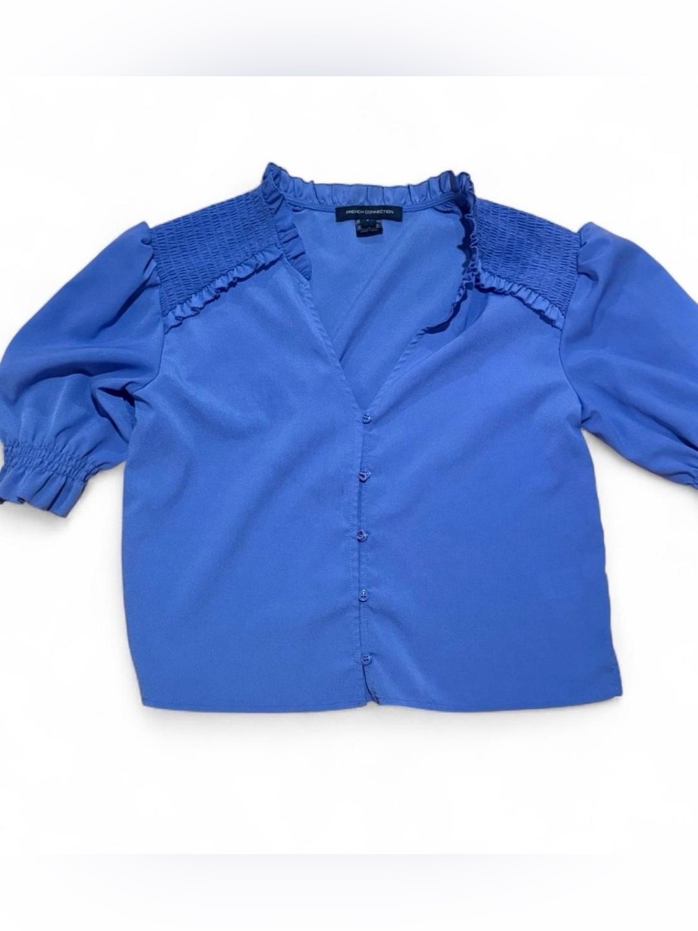 French Connection Cobalt Blue Ruffle-Smock Button Front Blouse